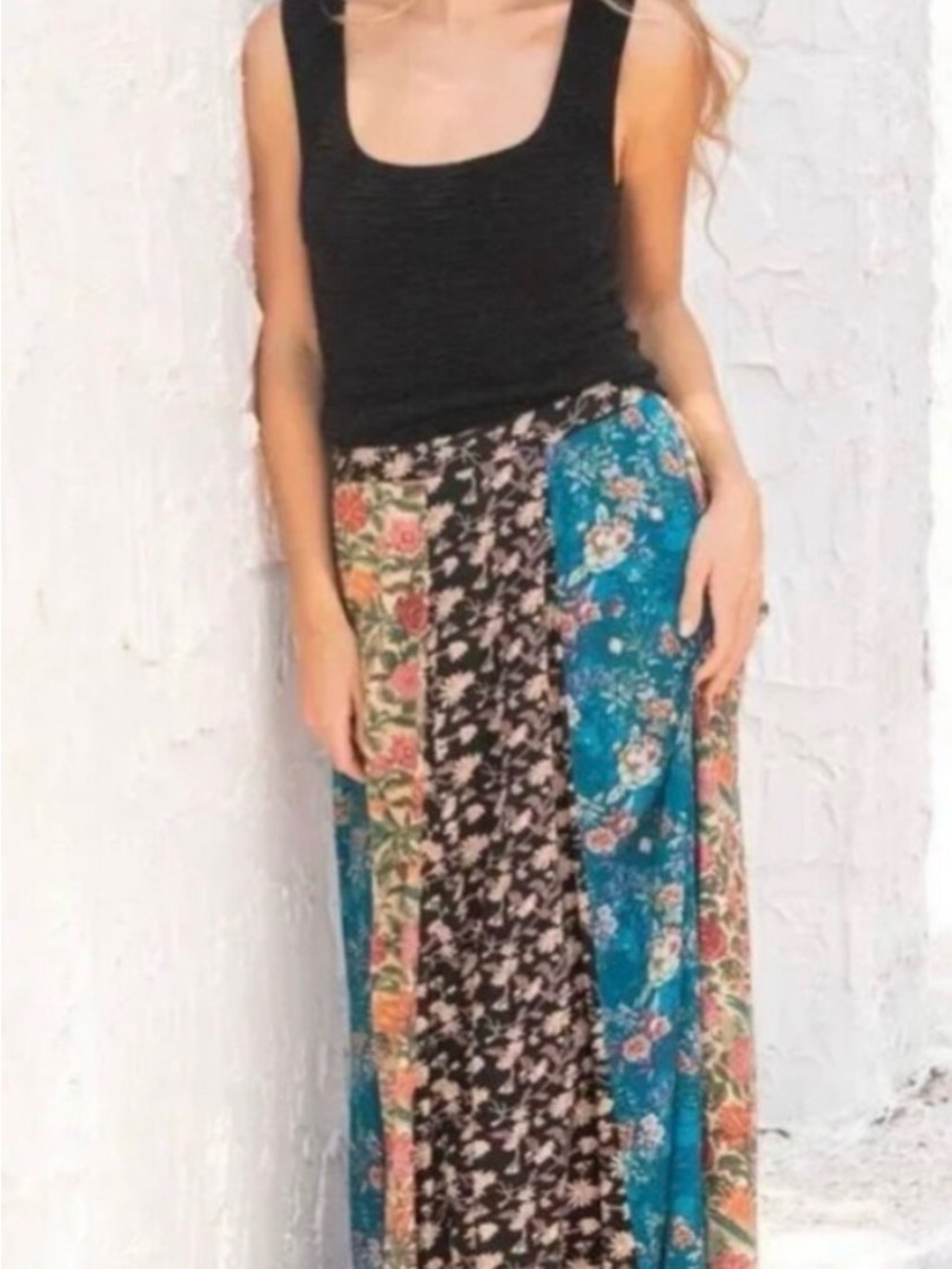 NATURAL LIFE Teal & Black Floral Patchwork Maxi Skirt Large